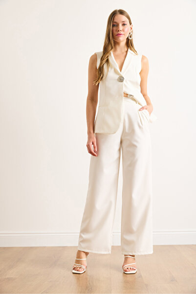 Olalook Women's White Button Pleated Palazzo Double Trousers Pnt-19000355