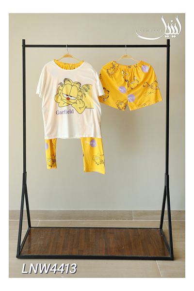 LINELLE 3-Piece Pyjama Set- Yellow Garfield Themed Nightwear Set with T-Shirt, Pant and Shorts
