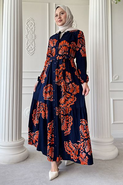 InStyle Wavy Leaf Pattern Orange Viscose Dress
