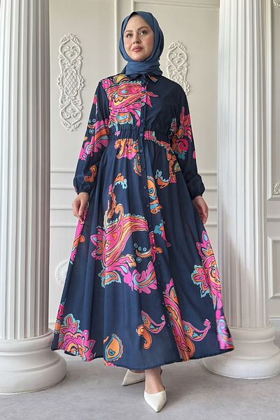 InStyle Abstract Transitional Gathered Navy Blue Shirt Dress