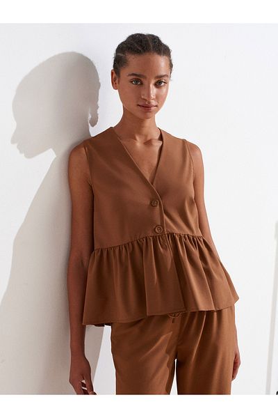Dilvin 50508 Buttoned Sleeveless V Neck Blouse-Tan