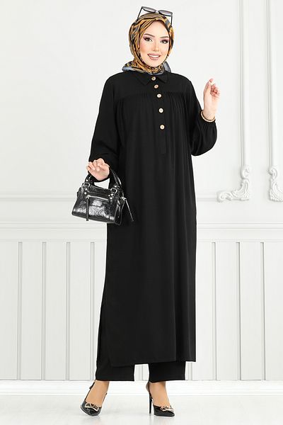 ModaMerve Half Button Viscose Suit 6061Uz1029-M Black