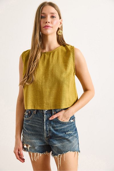 Olalook Γυναικεία Oil Green Flam Λινό Crop Μπλούζα BLZ-19002925