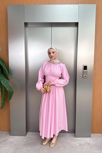 QUQA Belden Büzgülü Poplin Elbise - Pembe