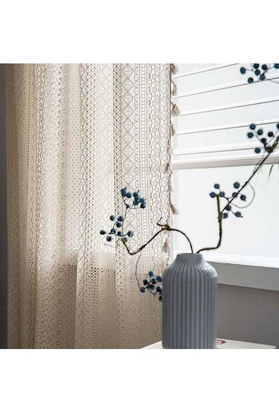 COOYA 1 piece Lace Cotton Curtains with Semi-Shade and Bohemian Trim for Bedroom, 59x63 Inch, beige