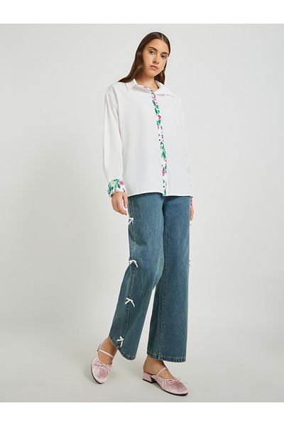 Styli Printed Trim Detail Spread Collar Oversized Shirt
