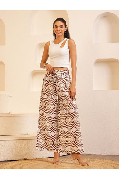 Sanskrutihomes By Styli Women White Printed Drawstring Waist Wide Leg Pants