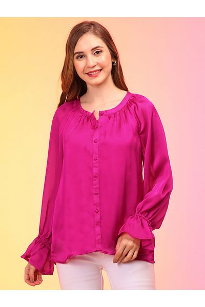 Globus By Styli بلوزة سادة برقبة دائرية وأكمام مكشكشة وأزرار