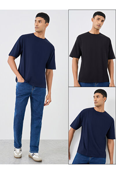 Styli عبوة من قطعتين - تي شيرت قطني سادة برقبة دائرية ومقاس كبير