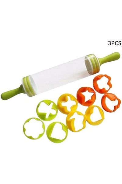 Generic Three products: a rolling pin and multi-colored cookie or dough cutting molds.