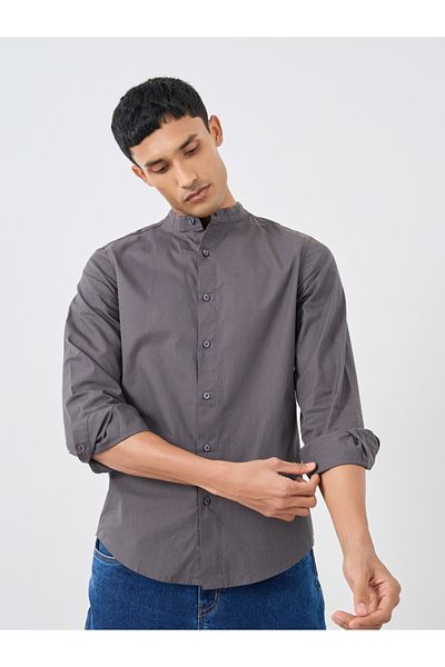 Styli Solid Mandarin Collar Regular Fit Poplin Shirt