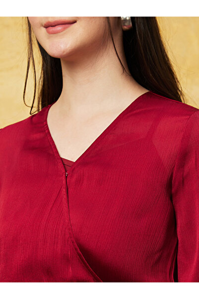 Globus By Styli Solid Satin Wrap V-Nceck Ruffled Sleeves Top