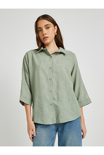 Styli Solid Linen Buttoned Spread Collar Shirt