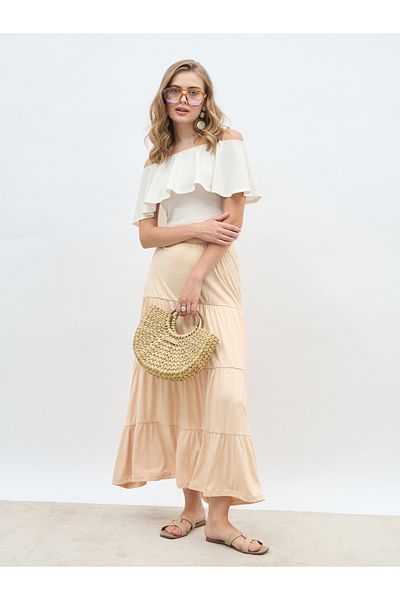 Styli Solid Knitted Tiered Maxi Skirt with Elasticated Waistband
