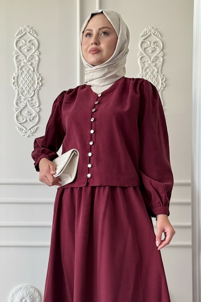 InStyle Lastikli Düğme Detaylı Etekli Bordo Takım