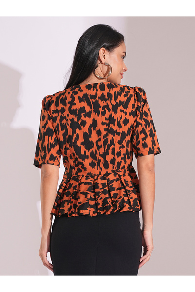 Globus By Styli Animal Print Puff Sleeves Pleated Peplum Top