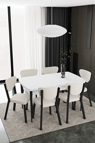 DEREN HOME Elma Serisi 80x132 Açılabilir Masa Ve 6 Adet Krem Silinebilir Kuma...