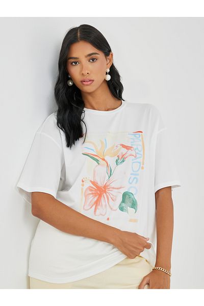 Styli Graphic Print Round Neck Oversized T-Shirt