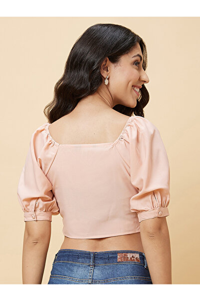 Globus By Styli Women Peach Solid Ruched V Neck Crop Top