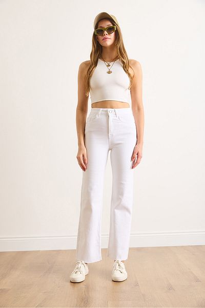 Olalook Γυναικεία λευκή τσέπη με φούντα Comfort Lycra Palazzo Jean JEA-19000117