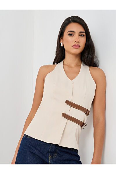 Styli صدرية بفتحة رقبة على شكل حرف V مع حزام مزدوج من الجلد الصناعي