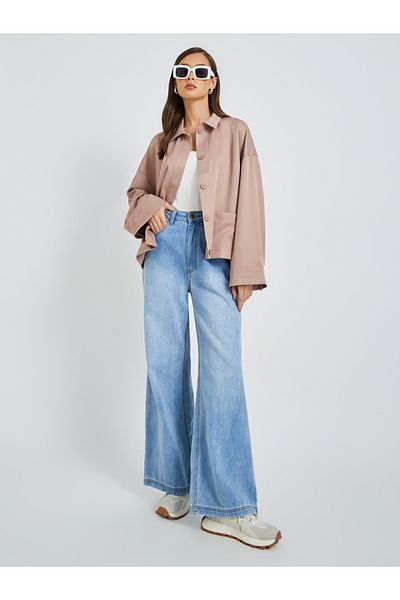 Styli Solid Button Front Boxy Fit Jacket with Patch Pockets