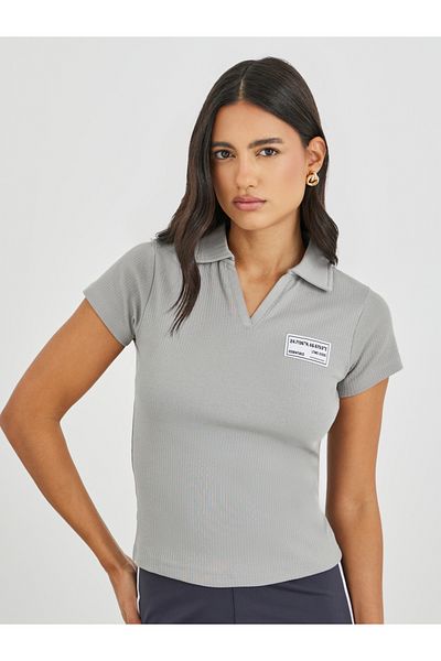 Styli Wide Ribbed Contrast Badge Detail Cropped Polo T-Shirt