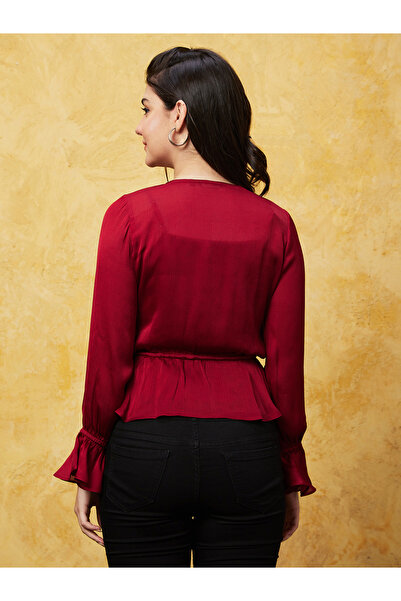 Globus By Styli Solid Satin Wrap V-Nceck Ruffled Sleeves Top