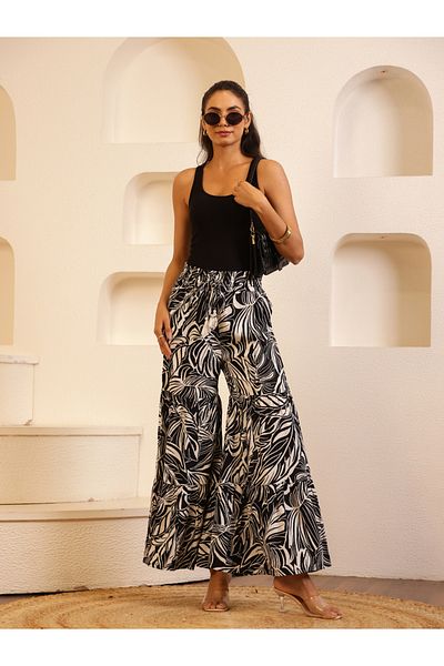 Sanskrutihomes By Styli Women Black Floral Printed Drawstring Waist Wide Leg Pants
