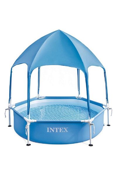 Intex Canopy Metal Frame Kiddie Pool with Built-In Sprayer Blue and White