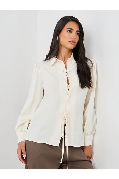 Styli Solid Balloon Sleeve Front Tie-Up Detail Shirt