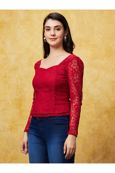 Globus By Styli Sweetheart Neck Puff Sleeves Lace Top