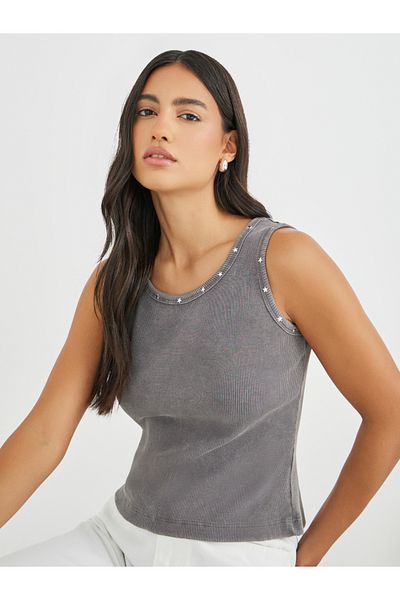 Styli Ribbed Acid Washed Fitted Tank Top with Star Stud Detail