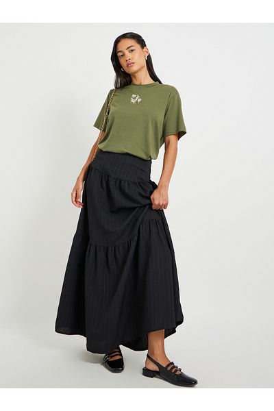 Styli Textured High Rise Tiered Maxi Skirt
