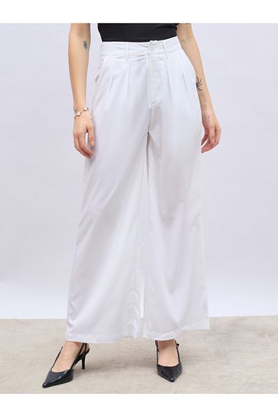 Styli Solid Pleated Tailored Flare Pants with Belt Loops