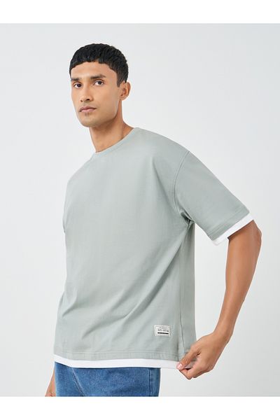 Styli Contrast Trim Pure Cotton Oversized T-Shirt with Badge Detail