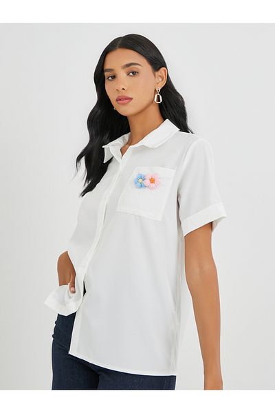Styli Oversized Pocket Detail Floral Patch Shirt