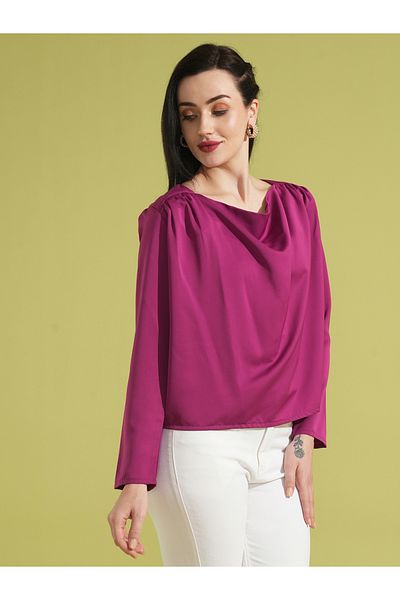 Globus By Styli Women Solid Cowl Neck Top with Gathered Detail
