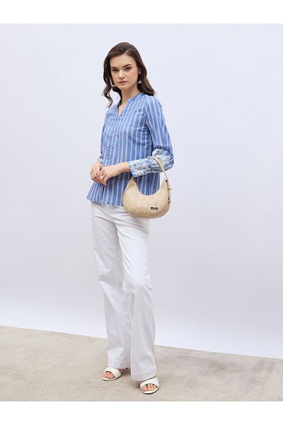 Styli Striped Buttoned Blouse with Lace Detail