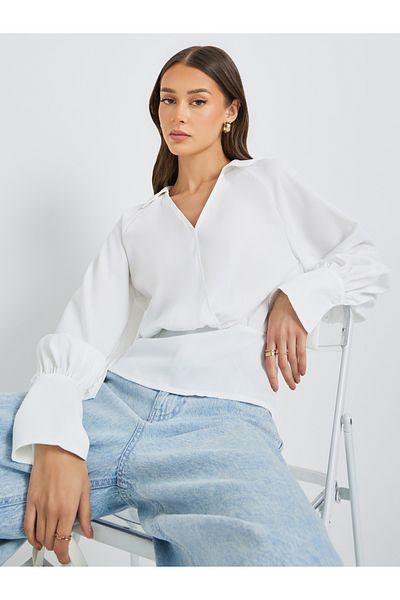 Styli Cuffed Long Sleeve Collared Wrap Blouse