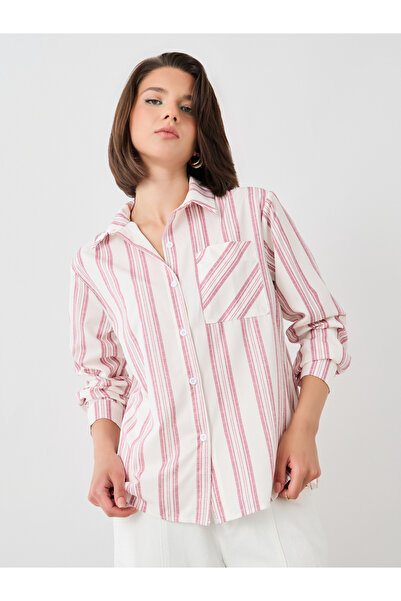 Styli قميص مخطط بأكمام طويلة ومقاس كبير مع جيب على الصدر