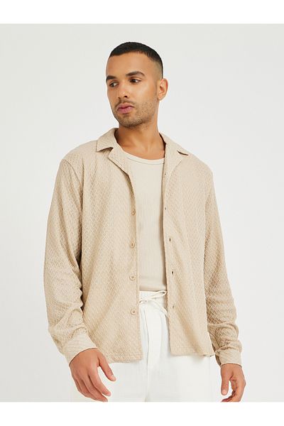 Styli Men Beige Crochet Textured Resort Collar Relaxed Fit Shirt