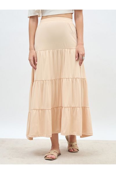 Styli Solid Knitted Tiered Maxi Skirt with Elasticated Waistband