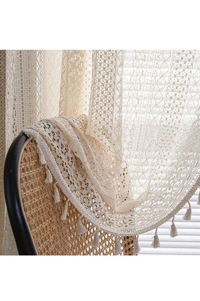 COOYA 59x63 Inch Lace Cotton Curtains with Semi-Shade and Bohemian Trim for Bedroom, Beige