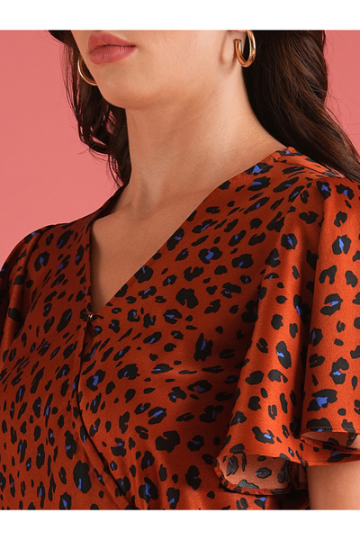 Globus By Styli Women Brown Animal Print Flared Sleeves Wrap Top