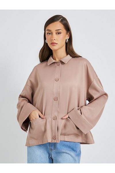 Styli Solid Button Front Boxy Fit Jacket with Patch Pockets