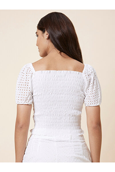 Globus By Styli Textured Smocked Puff Sleeve Crop Top