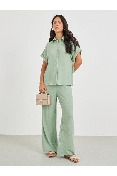 Styli Textured Wide Leg Pants with Drawstring