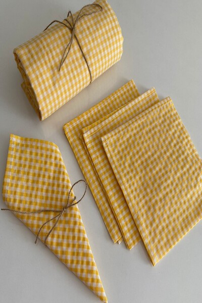 zarafet concept Sarı Pötikareli Masa Örtüsü, Peçete, Piknik Seti 5 Parça,