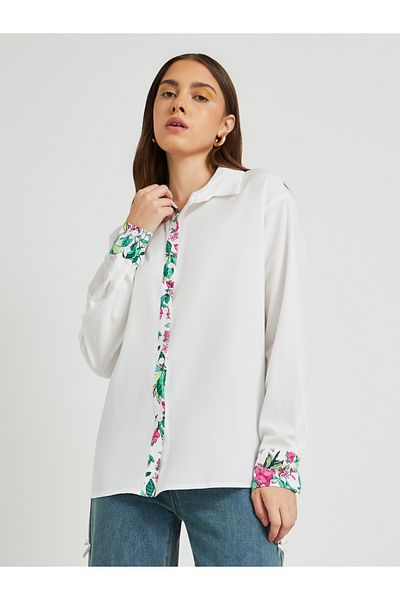 Styli Printed Trim Detail Spread Collar Oversized Shirt